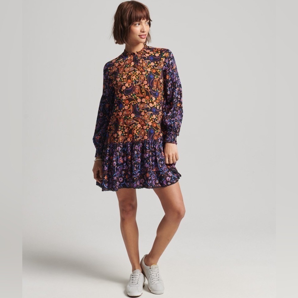 Superdry Multicolor Paisley High Neck Long Sleeve Cottagecore Boho Mini Dress - Picture 3 of 15